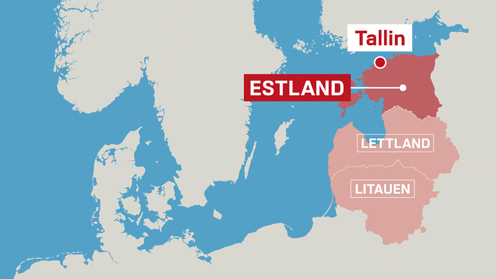 Eine Karte zeigt die baltischen Staaten. Estland mit der Hauptstadt Tallin ist rot hervorgehoben.
