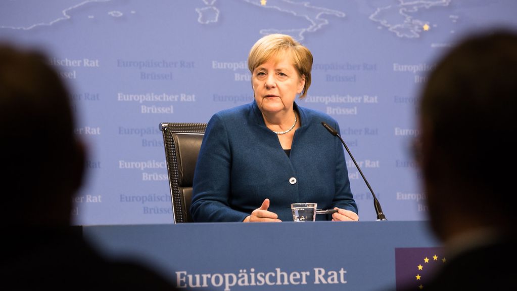 Chancellor Angela Merkel gives a press conference in Brussels.
