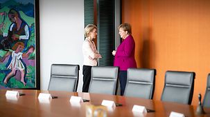 Chancellor Angela Merkel in discussion with Ursula von der Leyen, designated President of the European Commission