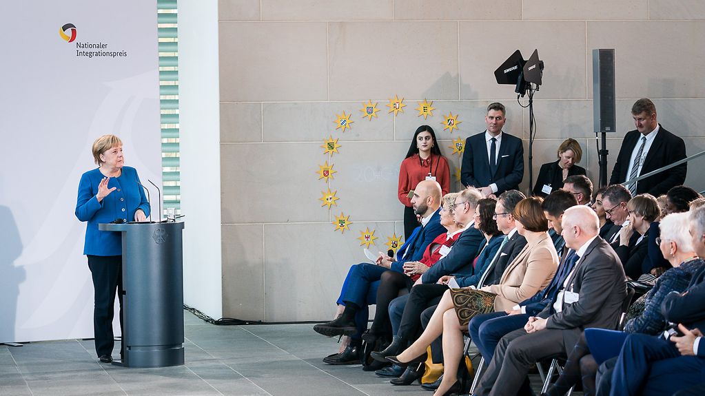 Chancellor Angela Merkel speaks at the award ceremony for the National Integration Prize at the Federal Chancellery.