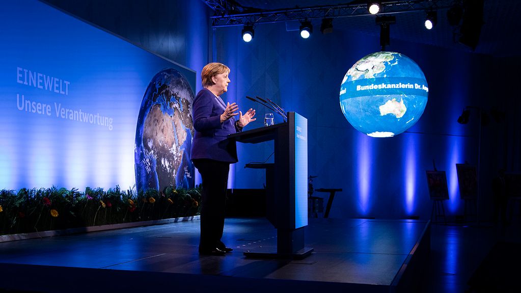Chancellor Angela Merkel speaks at the launch of the Federal Development Ministry's SDG campaign.