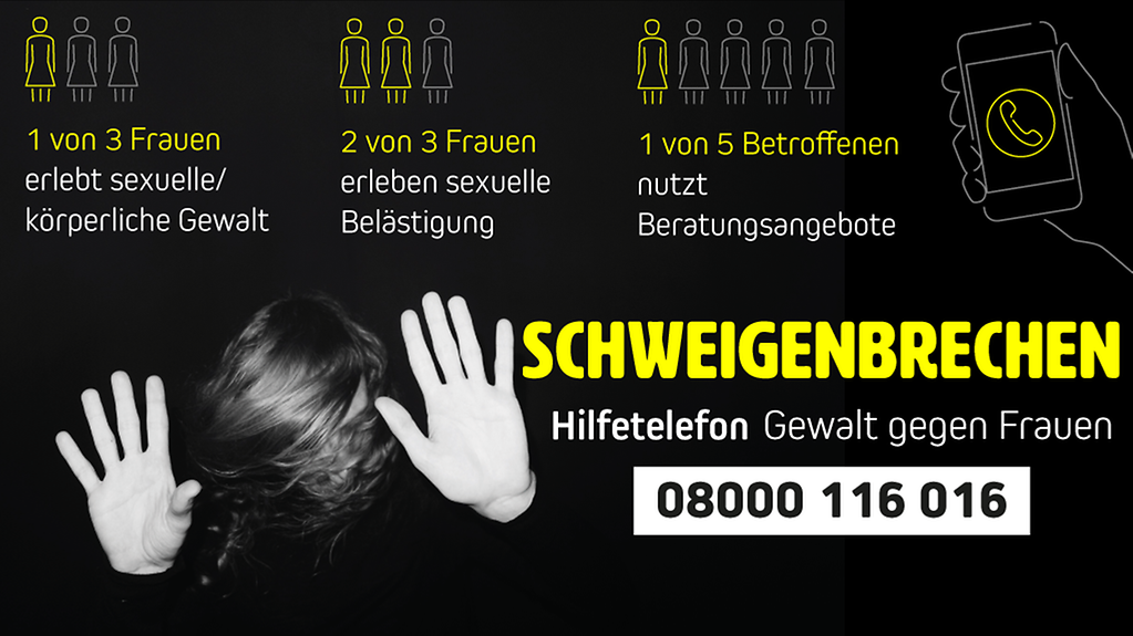 Grafik zur Gewalt gegen Frauen, Telefonnummer des Hilfetelefons: 08000116016