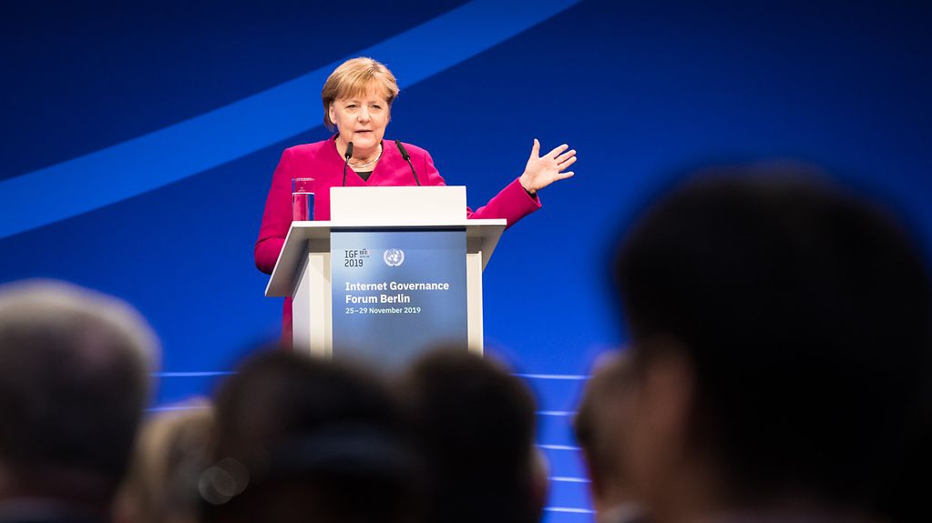 La chancelière fédérale Angela Merkel pendant son discours prononcé lors du 14e Forum sur la gouvernance de l’Internet des Nations Unies