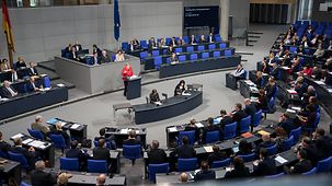 Chancellor Angela Merkel speaks in the German Bundestag during the debate on the 2020 budget.