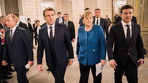 Bundeskanzlerin Angela Merkel bei einem Treffen des "Normandie"-Formats zwischen Frankreichs Präsident Macron, Russlands Präsident Putin und dem Präsidenten der Urkaine, Selensky.