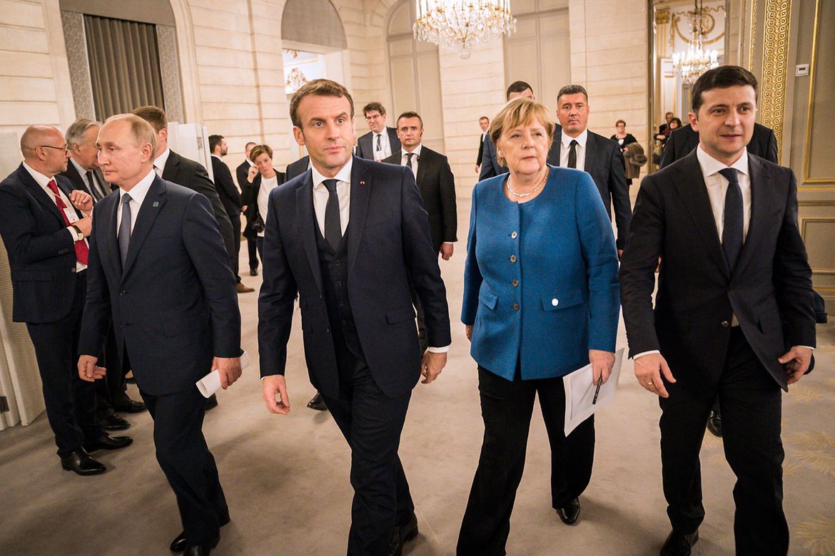 Bundeskanzlerin Angela Merkel bei einem Treffen des "Normandie"-Formats zwischen Frankreichs Präsident Macron, Russlands Präsident Putin und dem Präsidenten der Urkaine, Selensky.