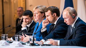 Bundeskanzlerin Angela Merkel während einer Pressekonferenz anlässlich des Treffen des "Normandie"-Formats.