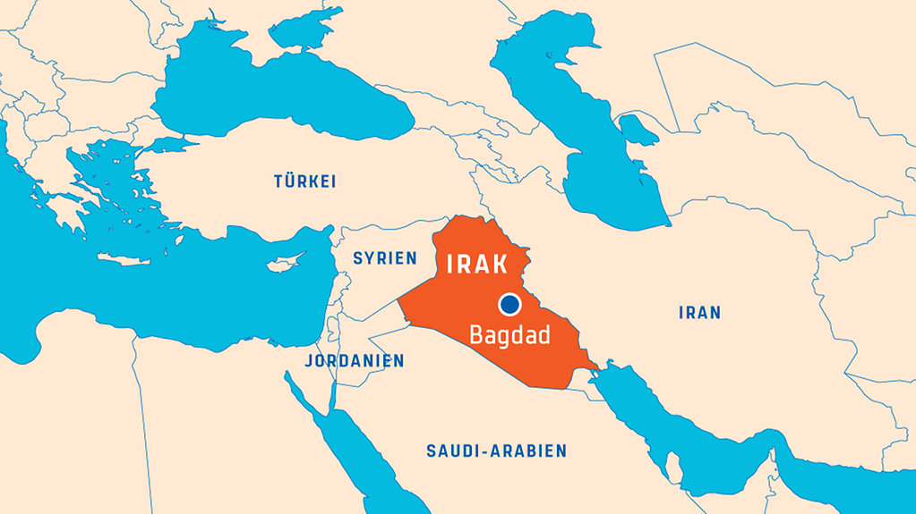 Ausschnitt einer Weltkarte: Im Fokus der Irak mit der Hauptstadt Bagdad, daneben die umliegenden Länder Iran, Saudi-Arabien, Jordanien, Syrien und Türkei.