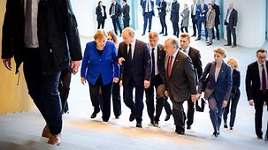 Bundeskanzlerin Angela Merkel im Gespräch mit Wladimir Putin, Russlands Präsident, im Kanzleramt bei der Libyen-Konferenz.