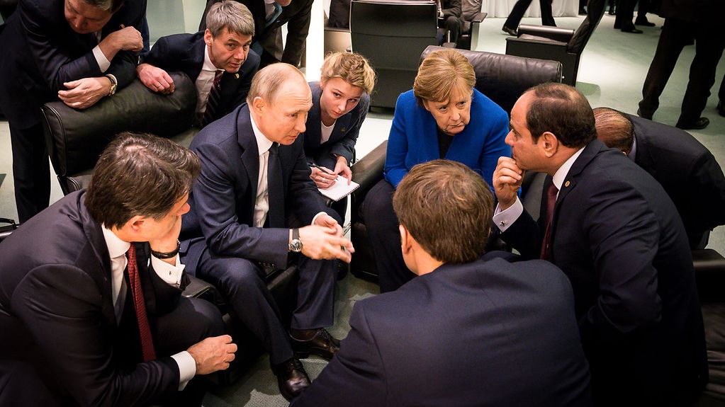 Chancellor Angela Merkel in discussion with Abdel Fattah al-Sisi, Egypt's President, Vladimir Putin, Russia's President, Emmanuel Macron, France's President, and Giuseppe Conte, Italy's Prime Minister