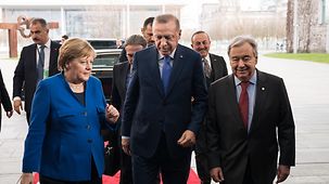 Chancellor Angela Merkel and Antonio Guterres, UN Secretary-General welcome Turkish President Recep Tayyip Erdoğan at the Federal Chancellery.