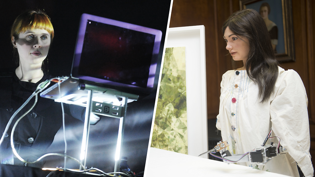 Das Bild zeigt eine Collage mit Fotos der Berliner Künstlerin Holly Herndon vor ihrem Rechner und dem Zeichen-Roboter Ai-Da.