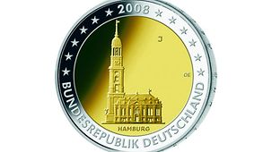 Die Hamburger Münze zeigt die Kirche mit dem Spitznamen "Michel". Sie ist 132 Meter hoch und bietet einen Rundumblick über die Hansestadt.