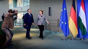 Chancellor Angela Merkel with Viktor Orbán, Hungary's Prime Minister, at the Federal Chancellery