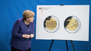 Chancellor Angela Merkel at the presentation of the 2020 commemorative 2 euro coin, which is dedicated to the state of Brandenburg