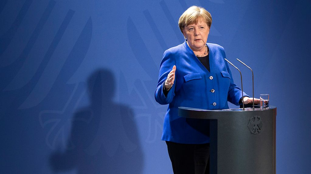 Kanzlerin Merkel bei ihrer Pressekonferenz nach der Videokonferenz mit den anderen Staats- und Regierungschefs der Europäischen Union