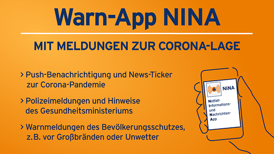 Grafik zur Warn-App Nina, die ab sofort Meldungen zur Corona-Lage sendet