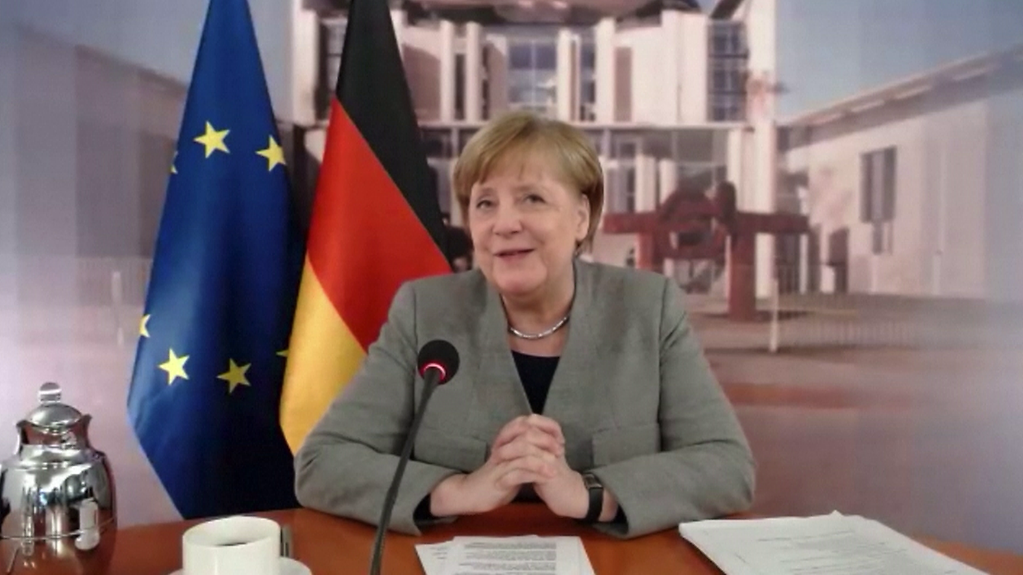 Bundeskanzlerin Angela Merkel bei einer virtuellen Geberkonferenz der EU-Kommission