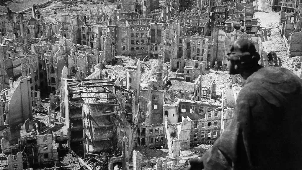 Aerial shots reveal the scale of destruction in Dresden after Allied bombing raids on 13 and 14 February 1945.