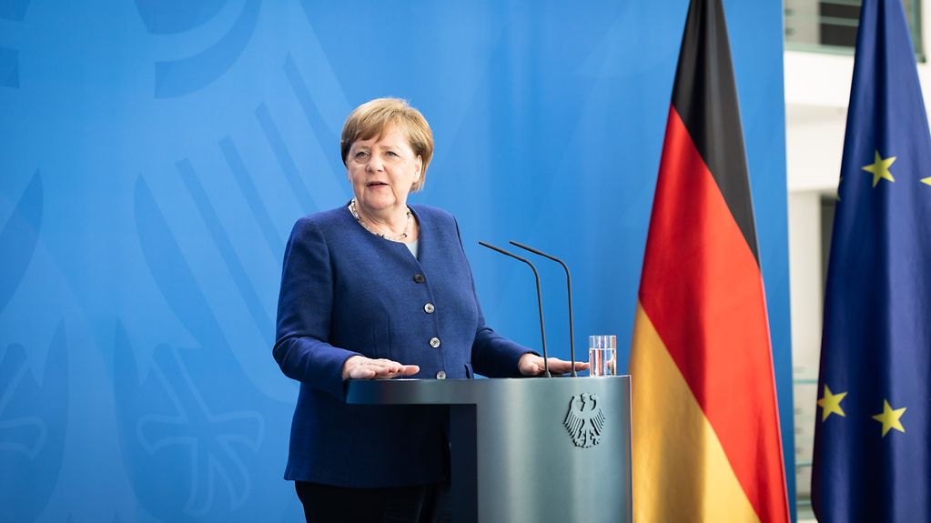 Chancellor Merkel gives a statement to the press following the video conference with representatives of international organisations.