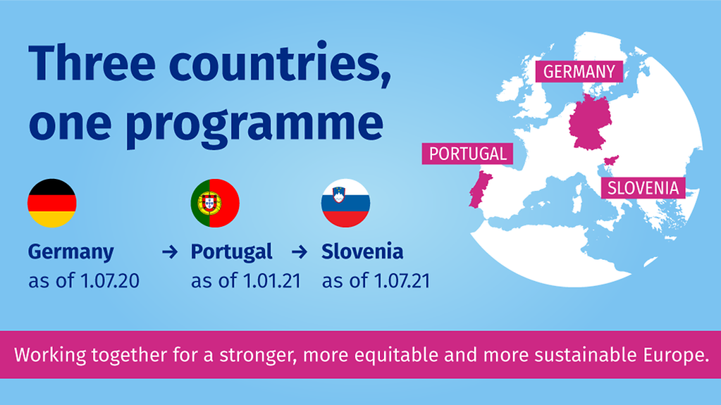 Three countries, one programme: Germany as of 1.07.20, Portugal as of 1.01.21, Slovenia as of 1.07.21. Working together for a stronger, more equitable and more sustainable Europe