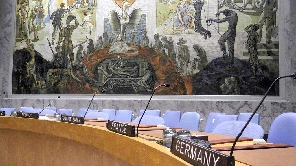 On a table at the United Nations Security Council stands a sign which reads "Germany".