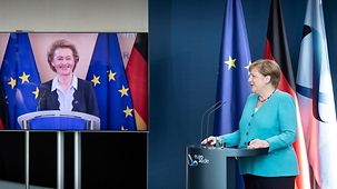 Kanzlerin Merkel gibt eine Pressekonferenz mit EU-Kommissionspräsidentin Ursula von der Leyen.
