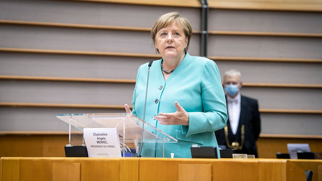 Chancellor Angela Merkel speaks in the European Parliament.
