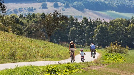 The photo shows a family cycling down a country road.