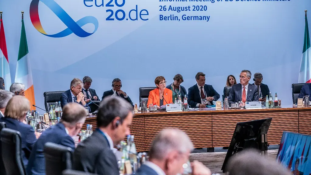 Annegret Kramp-Karrenbauer (CDU, centre, back), Federal Defence Minister, speaks at the start of the informal meeting of EU defence ministers; she sits next to Jens Stoltenberg (2nd from right), NATO Secretary General.