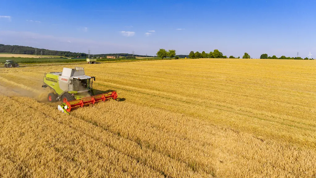 Mähdrescher auf einem Feld bei der Ernte