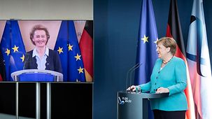 Pressekonferenz der Bundeskanzlerin Angela Merkel und Präsidentin der EU-Kommission Ursula von der Leyen.