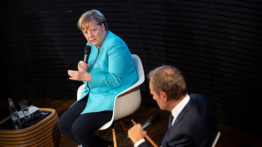 Chancellor Angela Merkel during a panel discussion in Berlin