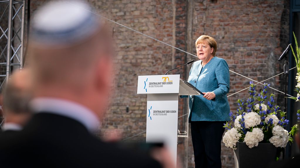 Chancellor Angela Merkel during her speech at the ceremony to mark the 70th anniversary of the Central Council of Jews in Germany