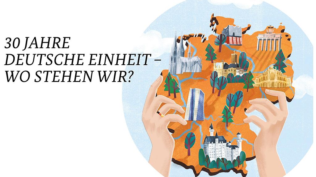 Grafik einer Deutschlandkarte mit dem Titel "30 Jahre Deutsche Einheit - Wo stehen wir?"