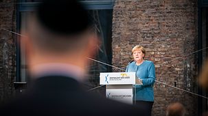 Chancellor Angela Merkel speaks at the celebrations to mark the 70th anniversary of the Central Council of Jews in Germany.