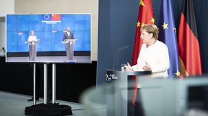 Chancellor Angela Merkel during a video conference between the EU and China