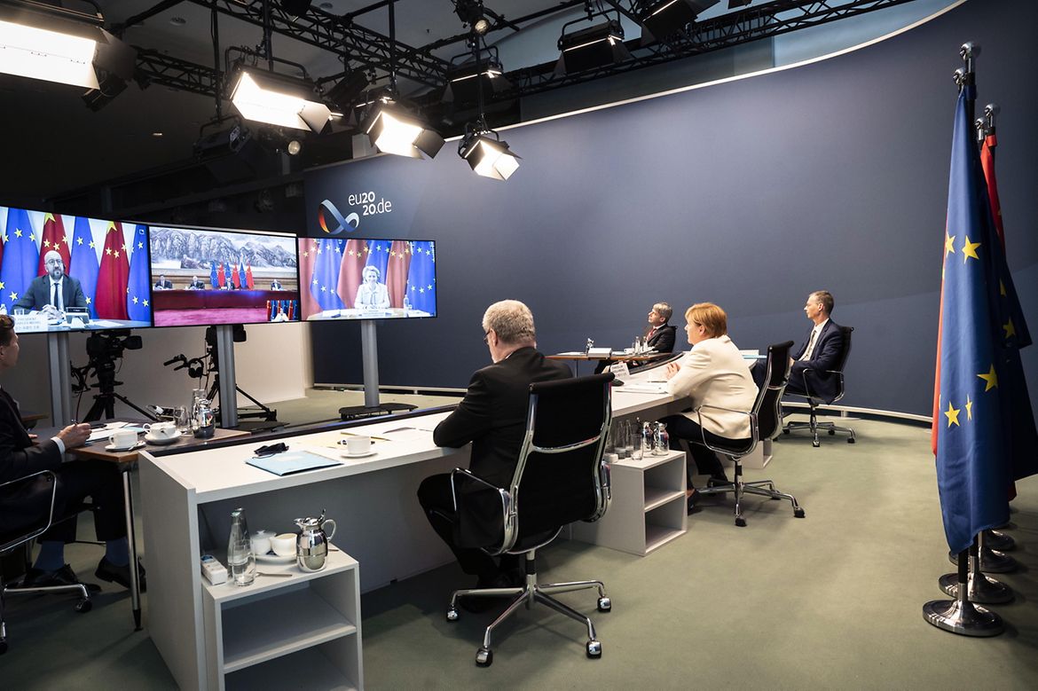 Chancellor Angela Merkel at the Federal Chancellery during a video conference between the EU and China