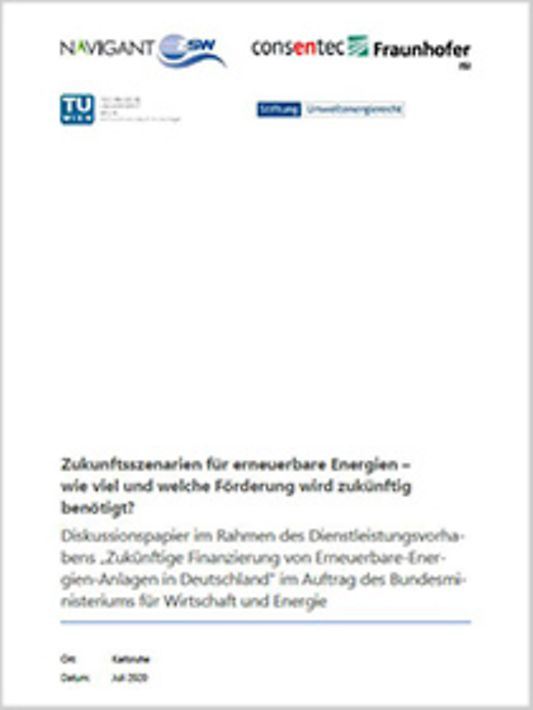 Titelbild der Publikation "Zukunftsszenarien für erneuerbare Energien - wie viel und welche Förderung wird zukünftig benötigt?"