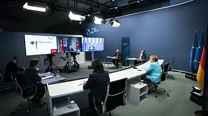 Chancellor Angela Merkel during a video conference with Charles Michel, President of the European Council, and Recep Tayyip Erdogan, President of Turkey