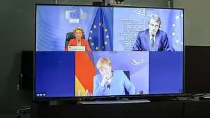 Chancellor Angela Merkel in a video conference with David Sassoli, President of the European Parliament, and Ursula von der Leyen, President of the European Commission