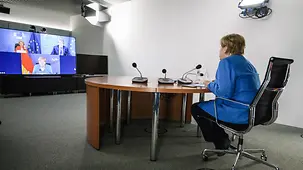 Chancellor Angela Merkel in a video conference with David Sassoli, President of the European Parliament, and Ursula von der Leyen, President of the European Commission