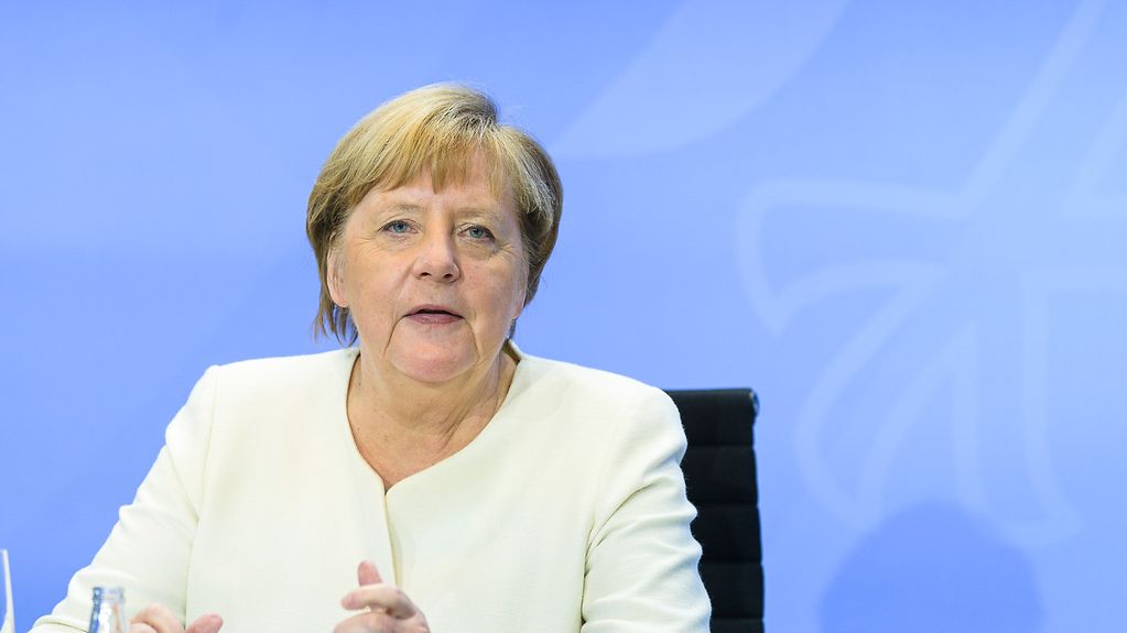 Chancellor Angela Merkel at the press conference following the deliberations with state premiers on the pandemic