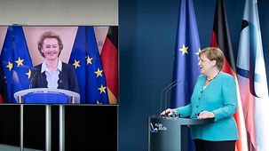 Conférence de presse de la chancelière Angela Merkel et de la présidente de la Commission européenne Ursula von der Leyen