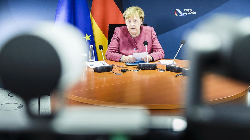 Kanzlerin Merkel bei einer Videokonferenz anlässlich eines virtuellen High Level Side Events der Vereinten Nationen zur Bekämpfung der Covid19-Pandemie.