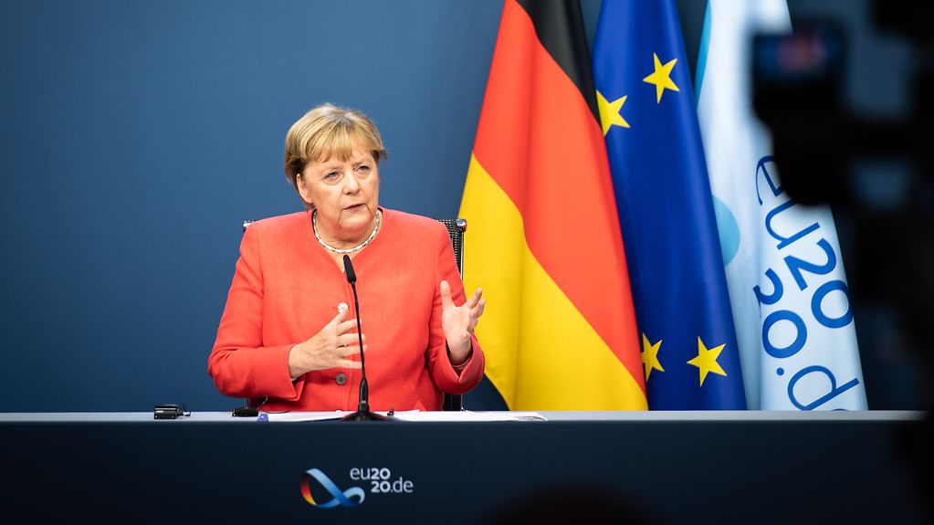 Chancellor Angela Merkel at the final press conference on the meeting of the European Council