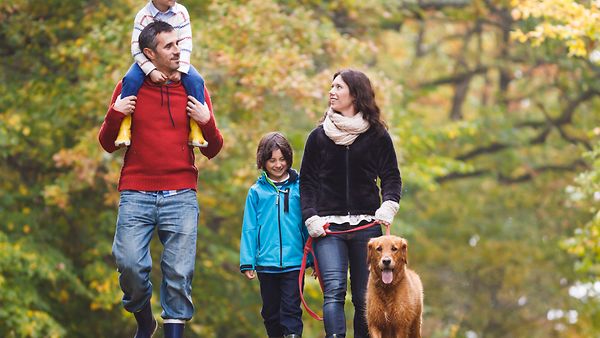 Familie mit zwei kleinen Kindern beim Spaziergang im Herbst