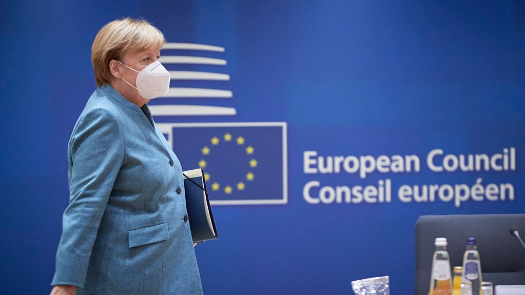 Chancellor Angela Merkel arrives at a meeting of the European Council.