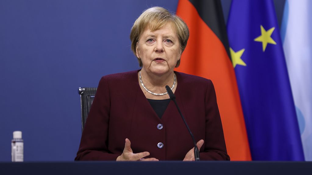 Chancellor Angela Merkel speaks to the press.