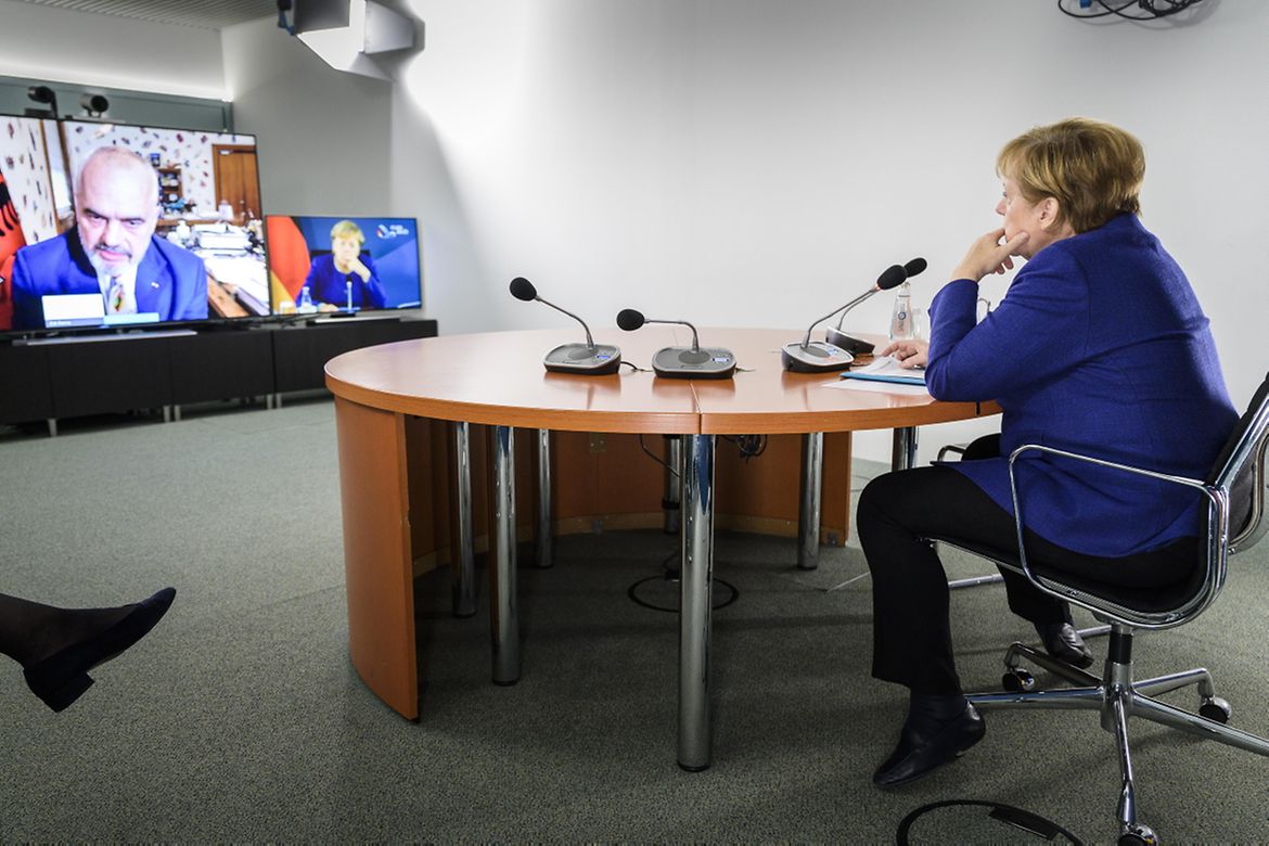 Chancellor Angela Merkel during a video conference with Edi Rama, Albanian Prime Minister
